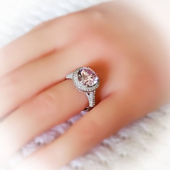 Pink & White Round Diamond Simulant, CZ, Platinum Over Sterling Silver Ring - Picture 1 of 3